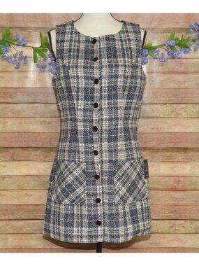 NWT Lulus Posh Arrival Blue Multi Plaid Tweed Mini Dress Size M Academia Preppy
